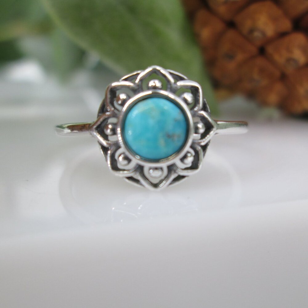 925 Turquoise Mandala Ring>Sterling Silver Ring,Genuine Turquoise Ring,925 Ring